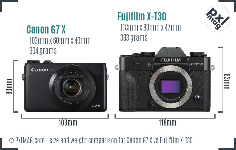 Canon G7 X vs Fujifilm X-T30 size comparison