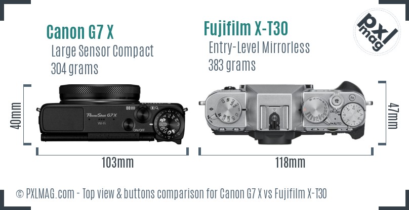 Canon G7 X vs Fujifilm X-T30 top view buttons comparison