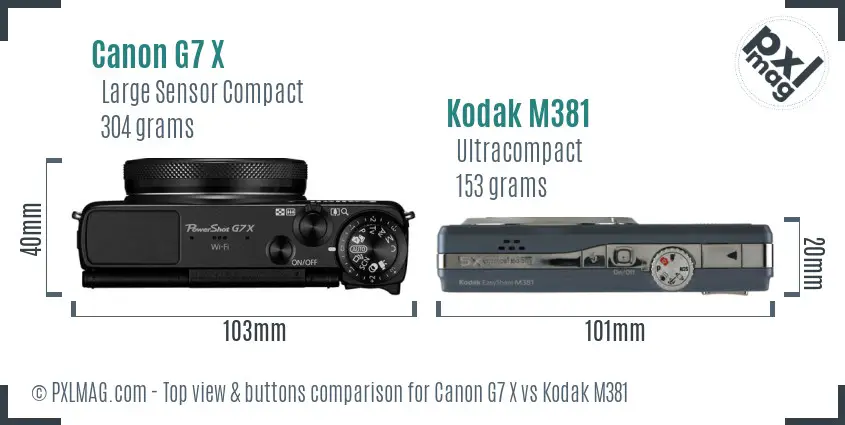 Canon G7 X vs Kodak M381 top view buttons comparison