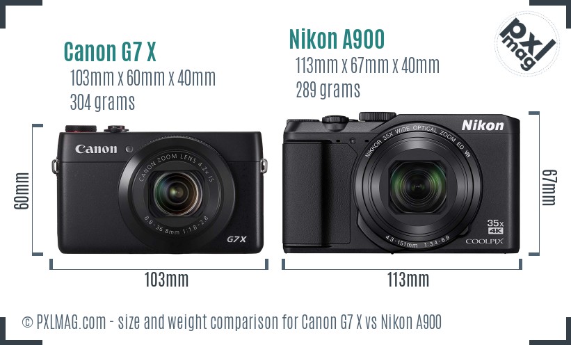 Canon G7 X vs Nikon A900 size comparison