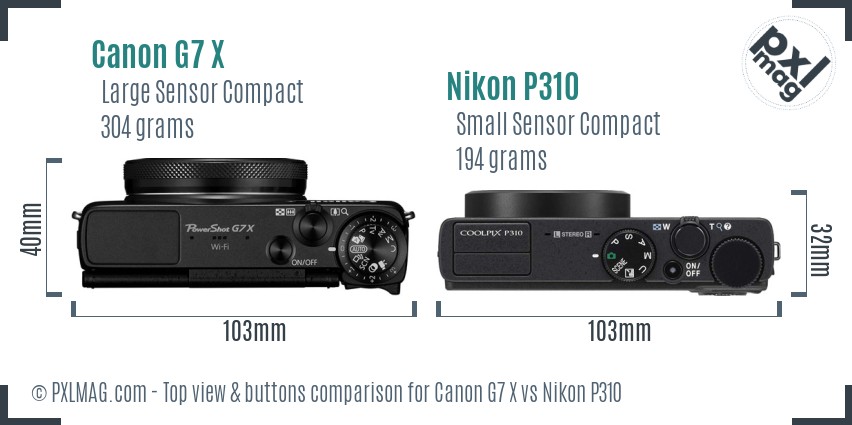 Canon G7 X vs Nikon P310 top view buttons comparison