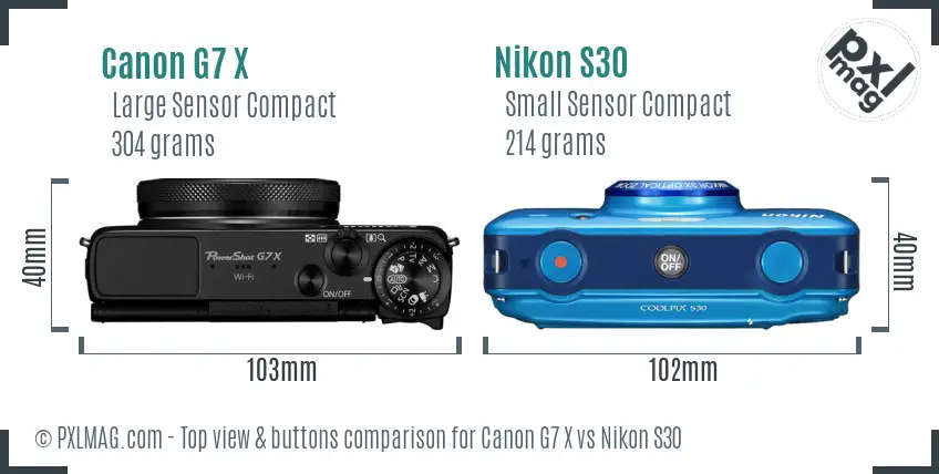 Canon G7 X vs Nikon S30 top view buttons comparison Canon G7 X vs Nikon S30 top view buttons comparison