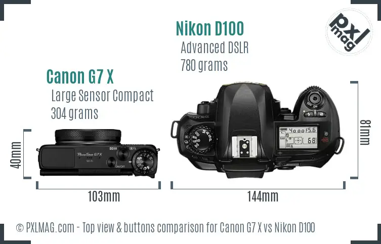 Canon G7 X vs Nikon D100 top view buttons comparison