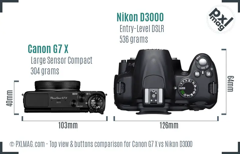 Canon G7 X vs Nikon D3000 top view buttons comparison