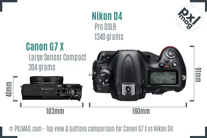 Canon G7 X vs Nikon D4 top view buttons comparison Canon G7 X vs Nikon D4 top view buttons comparison