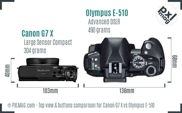Canon G7 X vs Olympus E-510 top view buttons comparison Canon G7 X vs Olympus E-510 top view buttons comparison