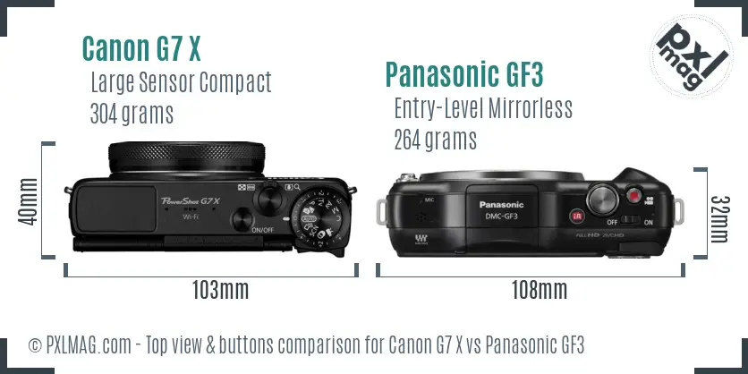 Canon G7 X vs Panasonic GF3 top view buttons comparison Canon G7 X vs Panasonic GF3 top view buttons comparison