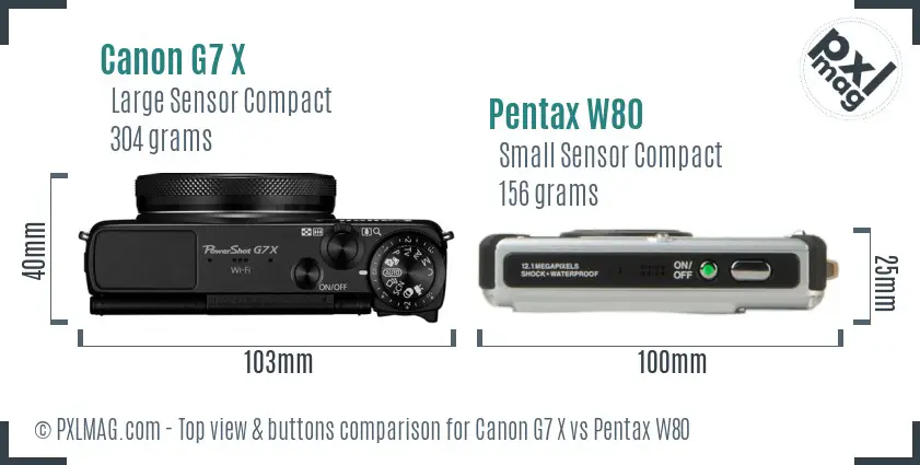 Canon G7 X vs Pentax W80 top view buttons comparison Canon G7 X vs Pentax W80 top view buttons comparison