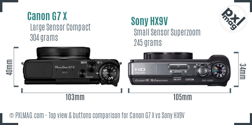 Canon G7 X vs Sony HX9V top view buttons comparison