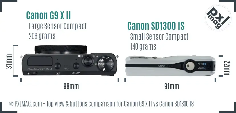 Canon G9 X II vs Canon SD1300 IS top view buttons comparison Canon G9 X II vs Canon SD1300 IS top view buttons comparison