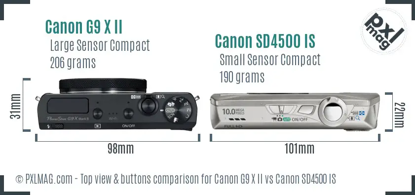 Canon G9 X II vs Canon SD4500 IS top view buttons comparison Canon G9 X II vs Canon SD4500 IS top view buttons comparison