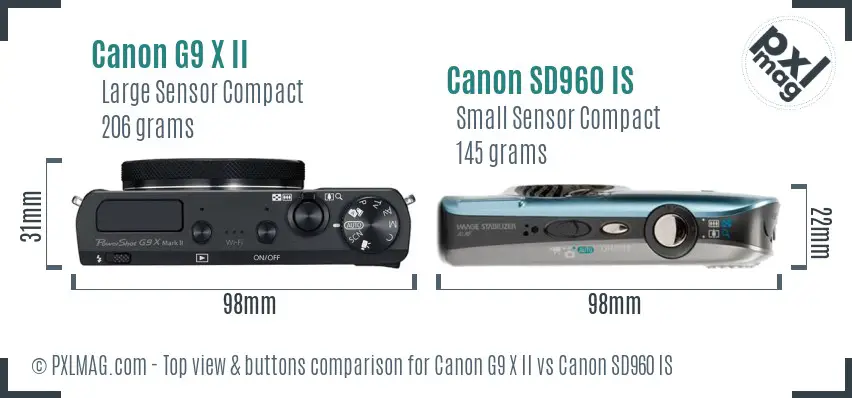 Canon G9 X II vs Canon SD960 IS top view buttons comparison