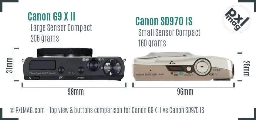 Canon G9 X II vs Canon SD970 IS top view buttons comparison