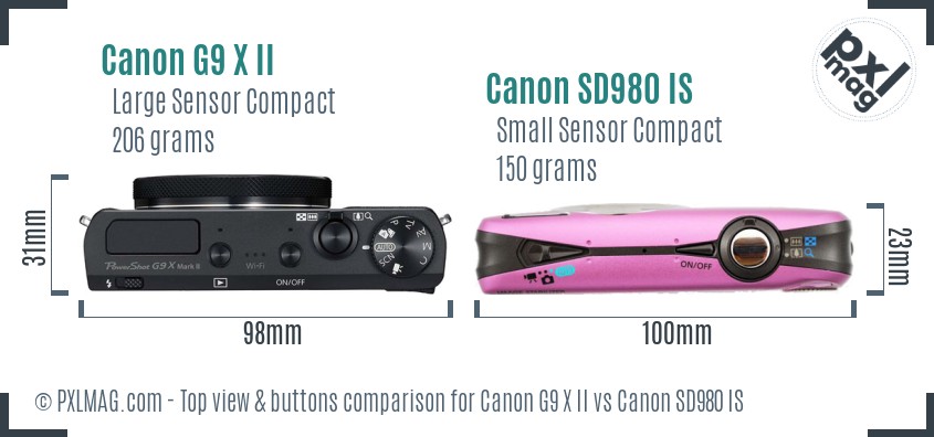 Canon G9 X II vs Canon SD980 IS top view buttons comparison