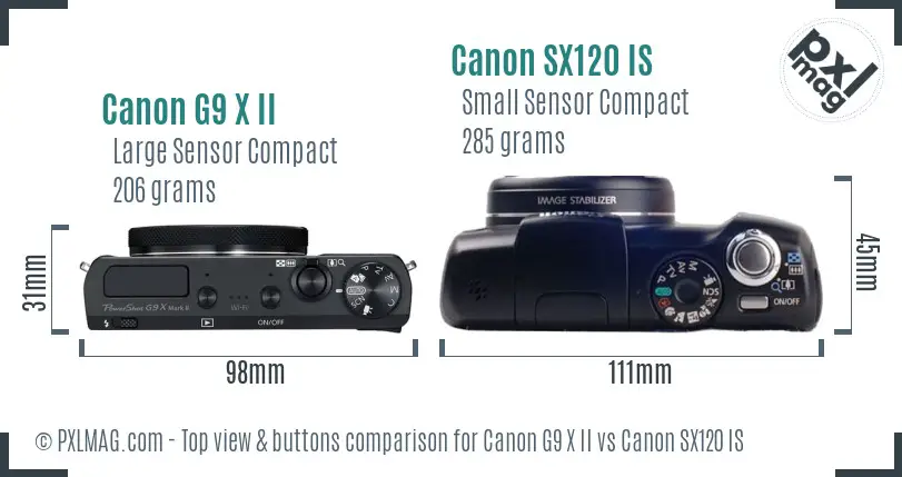 Canon G9 X II vs Canon SX120 IS top view buttons comparison