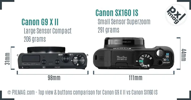 Canon G9 X II vs Canon SX160 IS top view buttons comparison