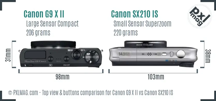 Canon G9 X II vs Canon SX210 IS top view buttons comparison Canon G9 X II vs Canon SX210 IS top view buttons comparison