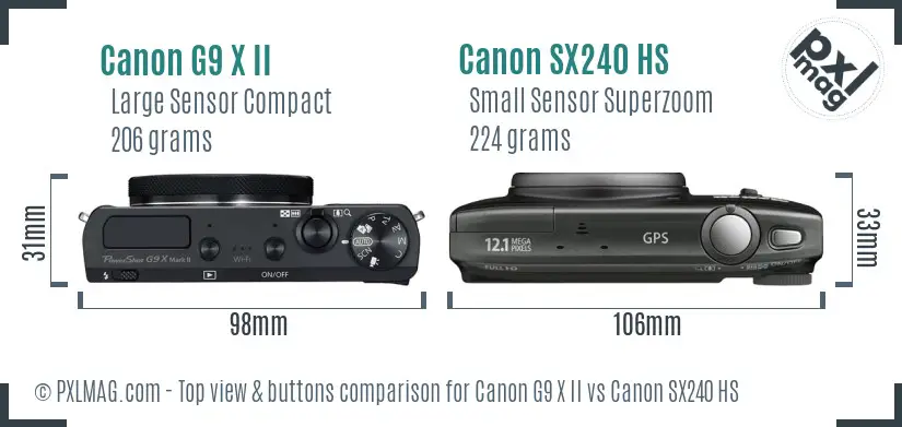 Canon G9 X II vs Canon SX240 HS top view buttons comparison