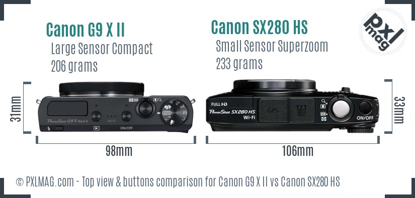 Canon G9 X II vs Canon SX280 HS top view buttons comparison