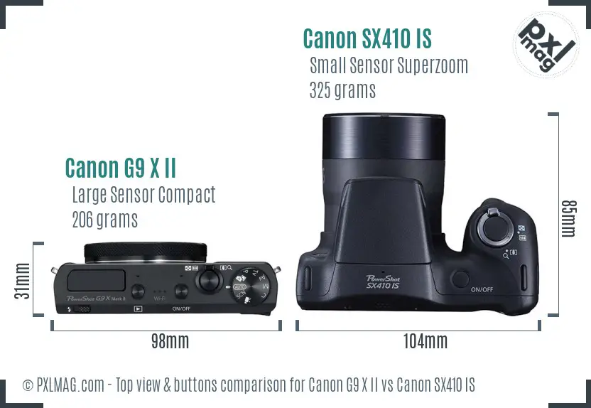 Canon G9 X II vs Canon SX410 IS top view buttons comparison Canon G9 X II vs Canon SX410 IS top view buttons comparison