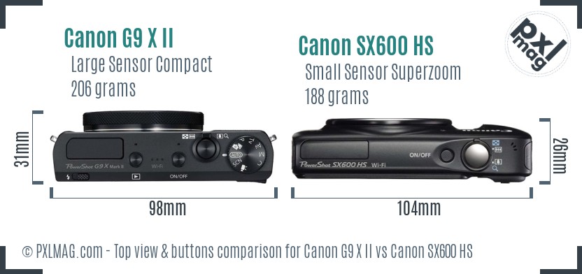 Canon G9 X II vs Canon SX600 HS top view buttons comparison