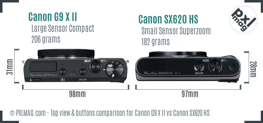 Canon G9 X II vs Canon SX620 HS top view buttons comparison