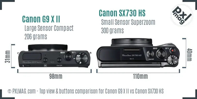 Canon G9 X II vs Canon SX730 HS top view buttons comparison