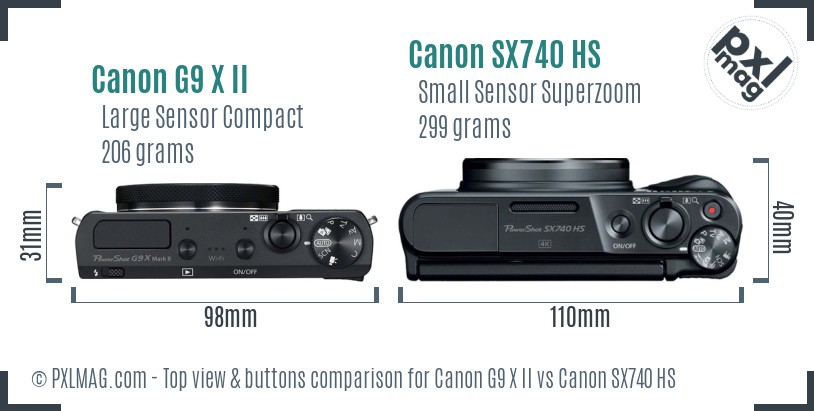 Canon G9 X II vs Canon SX740 HS top view buttons comparison