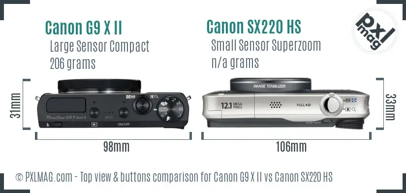 Canon G9 X II vs Canon SX220 HS top view buttons comparison