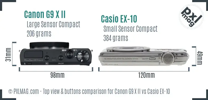 Canon G9 X II vs Casio EX-10 top view buttons comparison