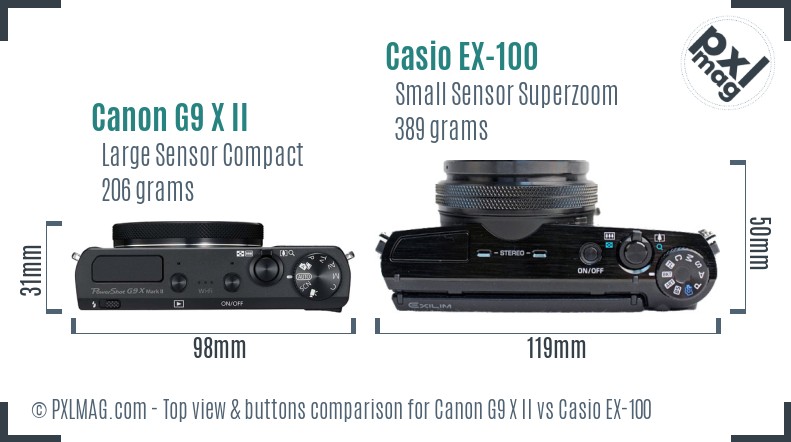 Canon G9 X II vs Casio EX-100 top view buttons comparison