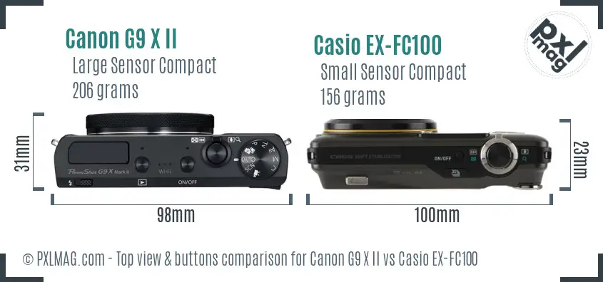 Canon G9 X II vs Casio EX-FC100 top view buttons comparison Canon G9 X II vs Casio EX-FC100 top view buttons comparison
