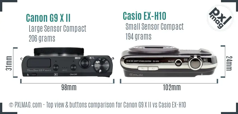 Canon G9 X II vs Casio EX-H10 top view buttons comparison