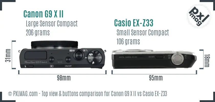Canon G9 X II vs Casio EX-Z33 top view buttons comparison