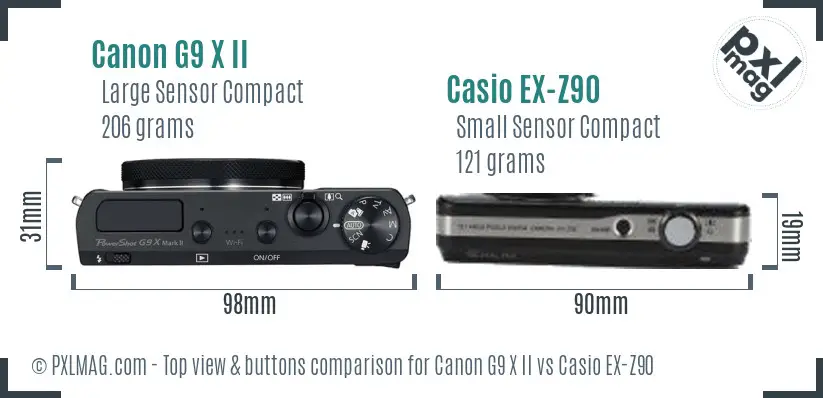 Canon G9 X II vs Casio EX-Z90 top view buttons comparison