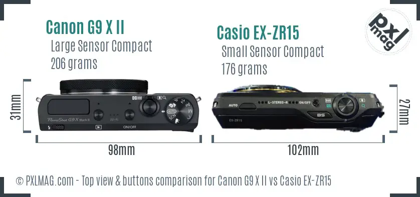 Canon G9 X II vs Casio EX-ZR15 top view buttons comparison