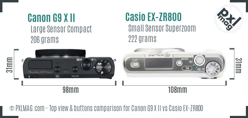 Canon G9 X II vs Casio EX-ZR800 top view buttons comparison