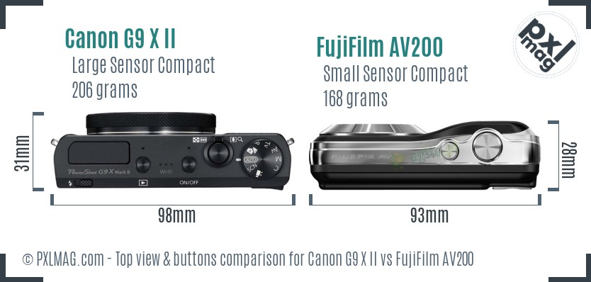 Canon G9 X II vs FujiFilm AV200 top view buttons comparison