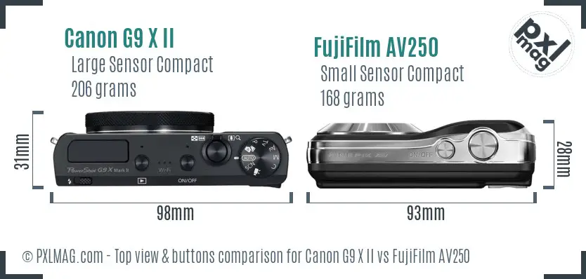 Canon G9 X II vs FujiFilm AV250 top view buttons comparison