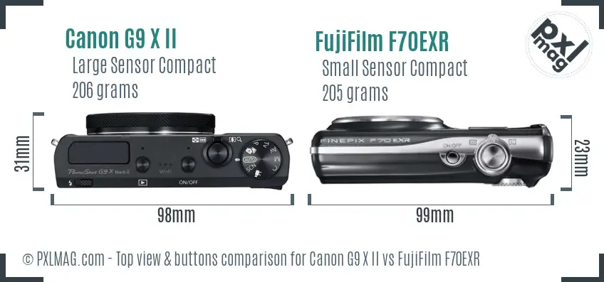 Canon G9 X II vs FujiFilm F70EXR top view buttons comparison