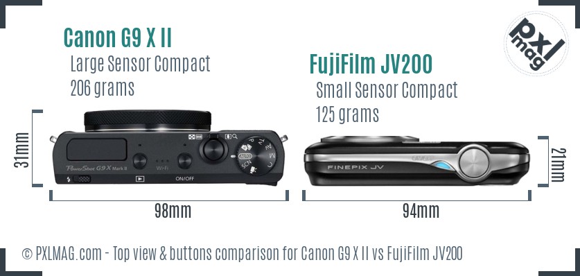 Canon G9 X II vs FujiFilm JV200 top view buttons comparison
