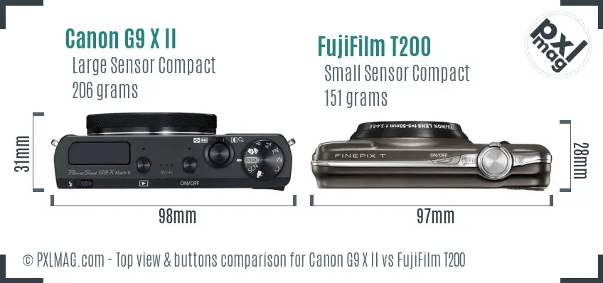 Canon G9 X II vs FujiFilm T200 top view buttons comparison