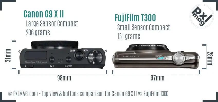 Canon G9 X II vs FujiFilm T300 top view buttons comparison