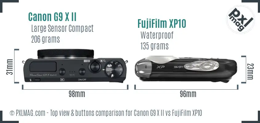 Canon G9 X II vs FujiFilm XP10 top view buttons comparison