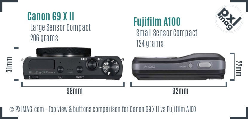 Canon G9 X II vs Fujifilm A100 top view buttons comparison