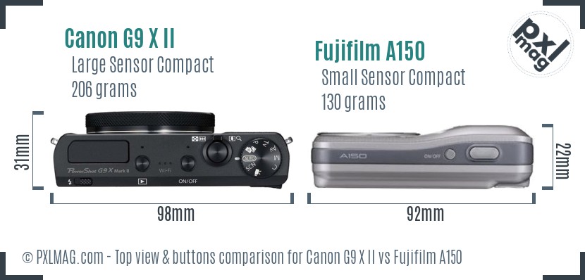 Canon G9 X II vs Fujifilm A150 top view buttons comparison