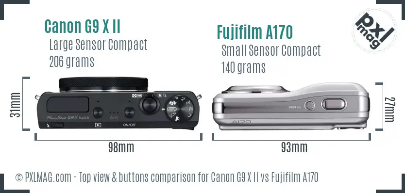 Canon G9 X II vs Fujifilm A170 top view buttons comparison Canon G9 X II vs Fujifilm A170 top view buttons comparison
