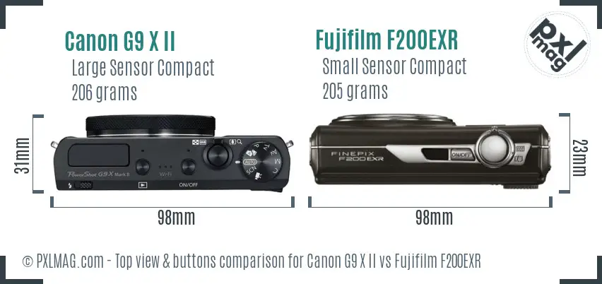 Canon G9 X II vs Fujifilm F200EXR top view buttons comparison