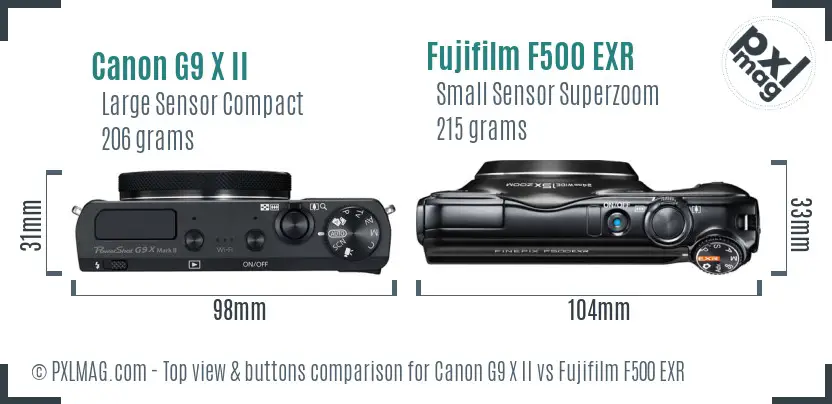 Canon G9 X II vs Fujifilm F500 EXR top view buttons comparison Canon G9 X II vs Fujifilm F500 EXR top view buttons comparison