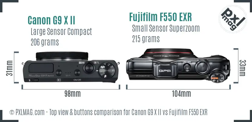 Canon G9 X II vs Fujifilm F550 EXR top view buttons comparison